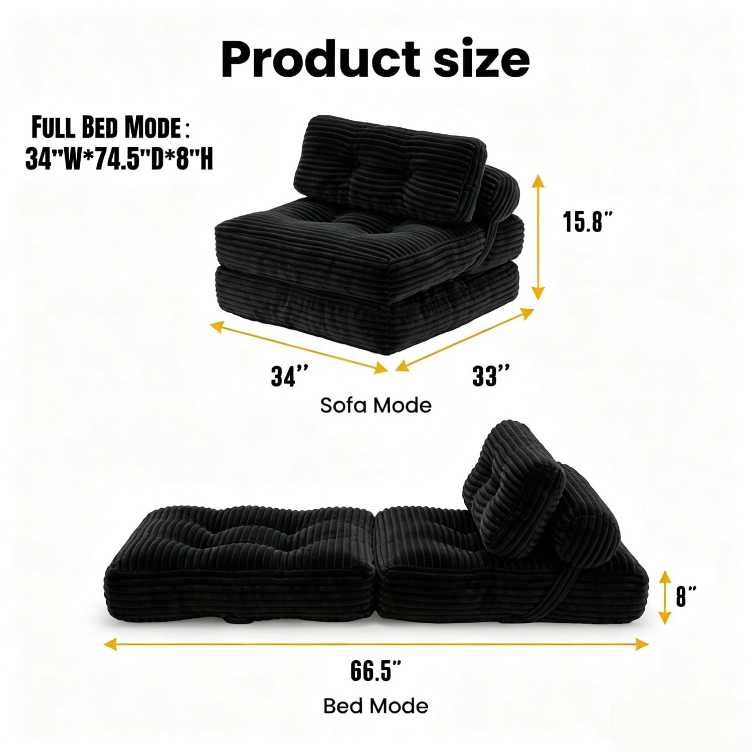 Folding Sofa Bed, Convertible Sleeper Chair with Pillow, Foldable Floor Couch Bed with Back Support, Portable Lounge for Living Room Bedroom, Black