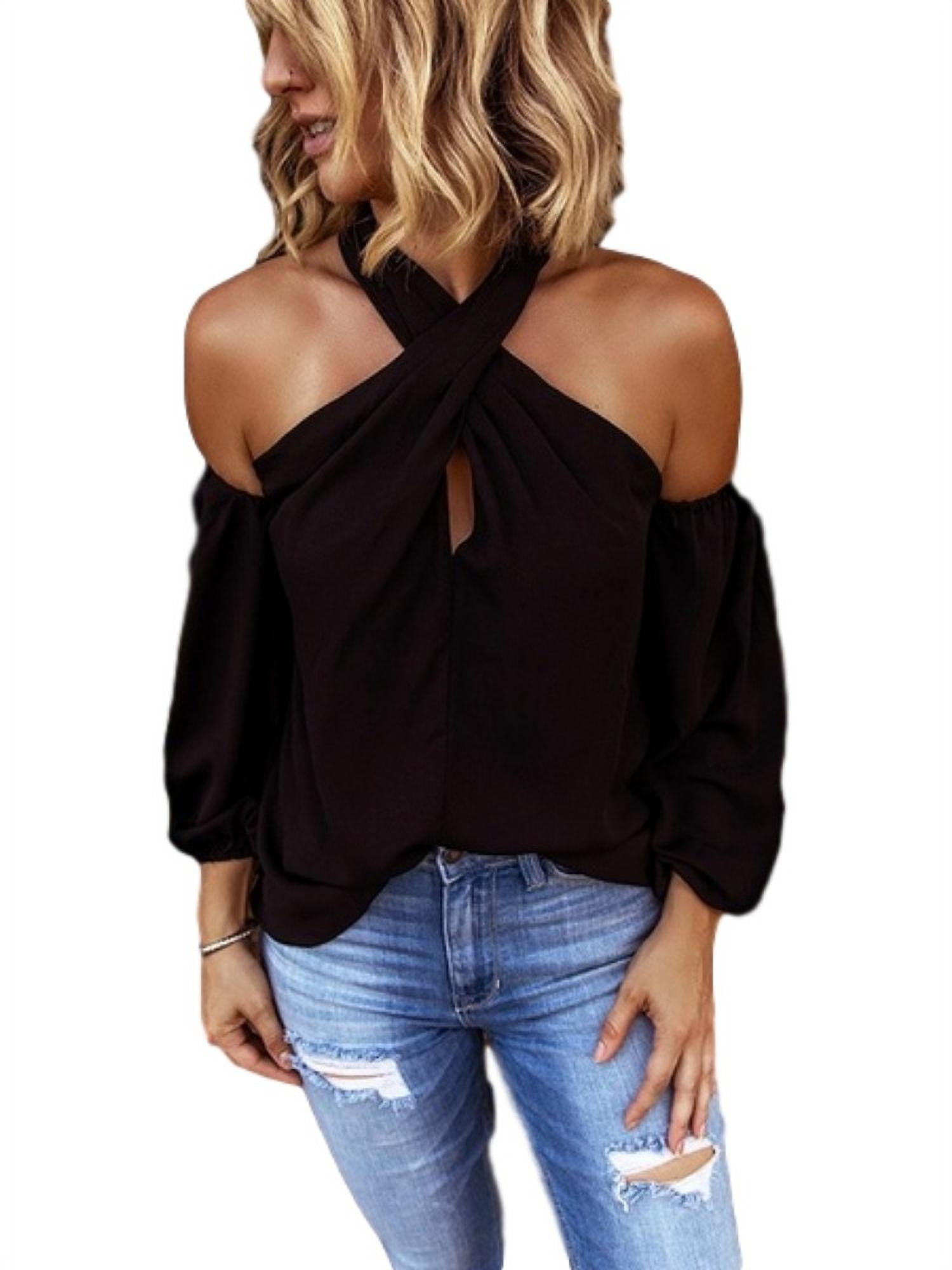 JERFER Women Fashion Casual Solid Off Shoulder Long Sleeve Tops Shirt Blouse