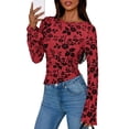 thumbnail image 2 of Women Long Sleeve Floral Mesh Tops Blouse Trendy Boat Neck Ruched Fitted Shirt Going Out Outfits Red M, 2 of 10