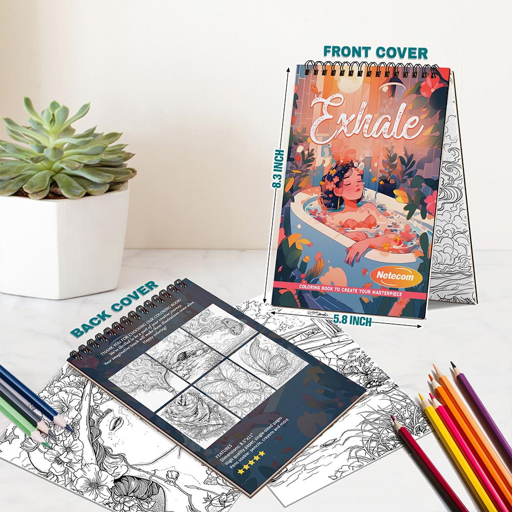 Netecom Exhale Coloring Book Spiral Bound For Adults, A5 Wooden Cover, 30 Gentle Coloring Pages of Peaceful Scenes for Stress Relief and Relaxation