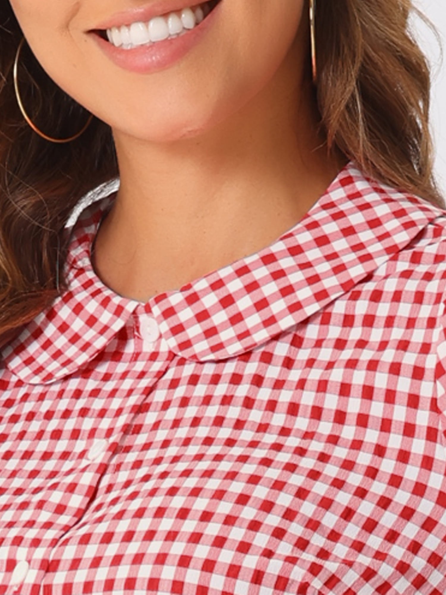 DARING DIVA Women's Plaid Button Down Puff Peter Pan Collar Shirt S Red