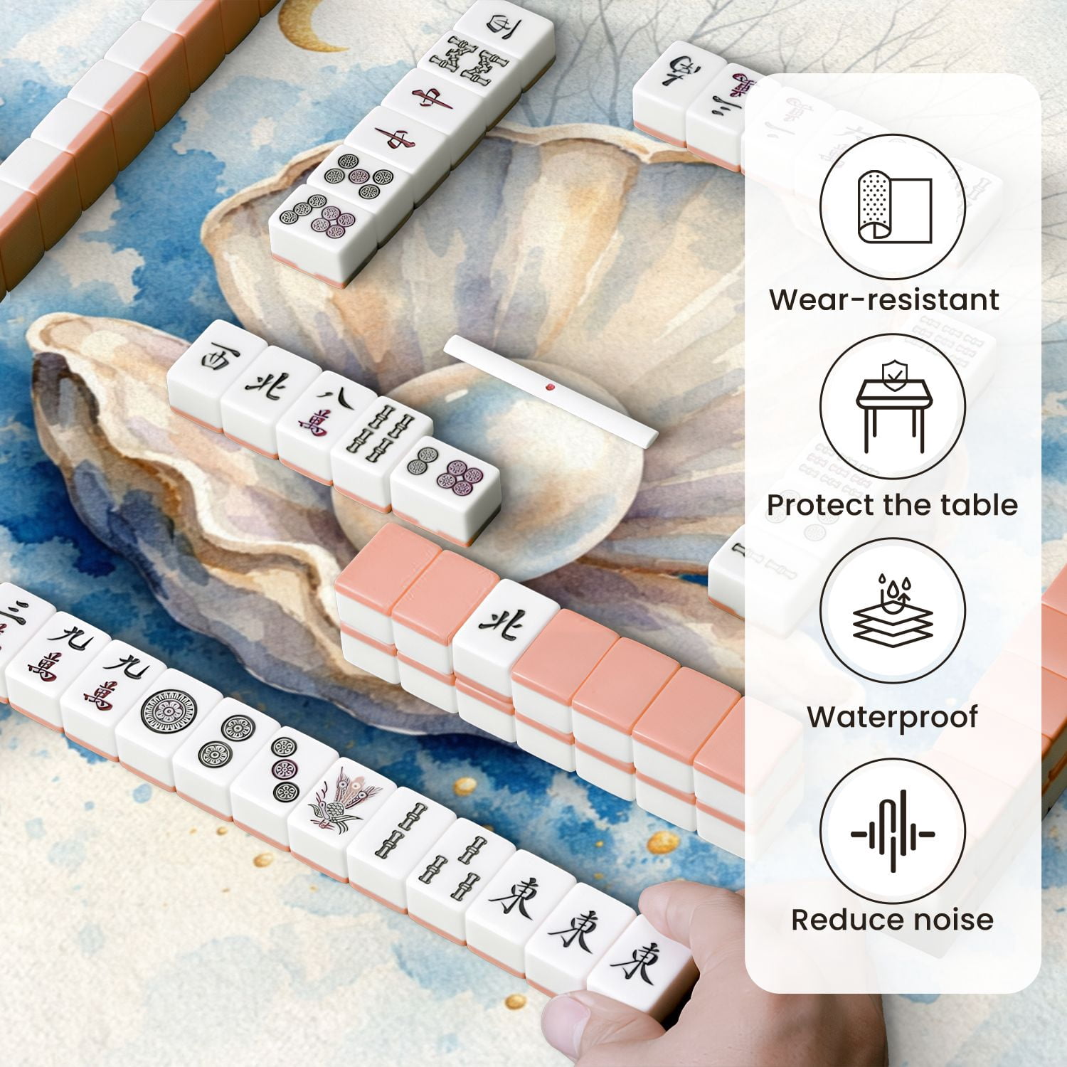 Mahjong Mat 31.5" x 31.5" Golden Oyster Shell Soft Blue Watercolor Gold Accents Non-Slip Noise Reduction Mahjong Tiles Table Cover for Dominoes Poker Card Board and Tile Games