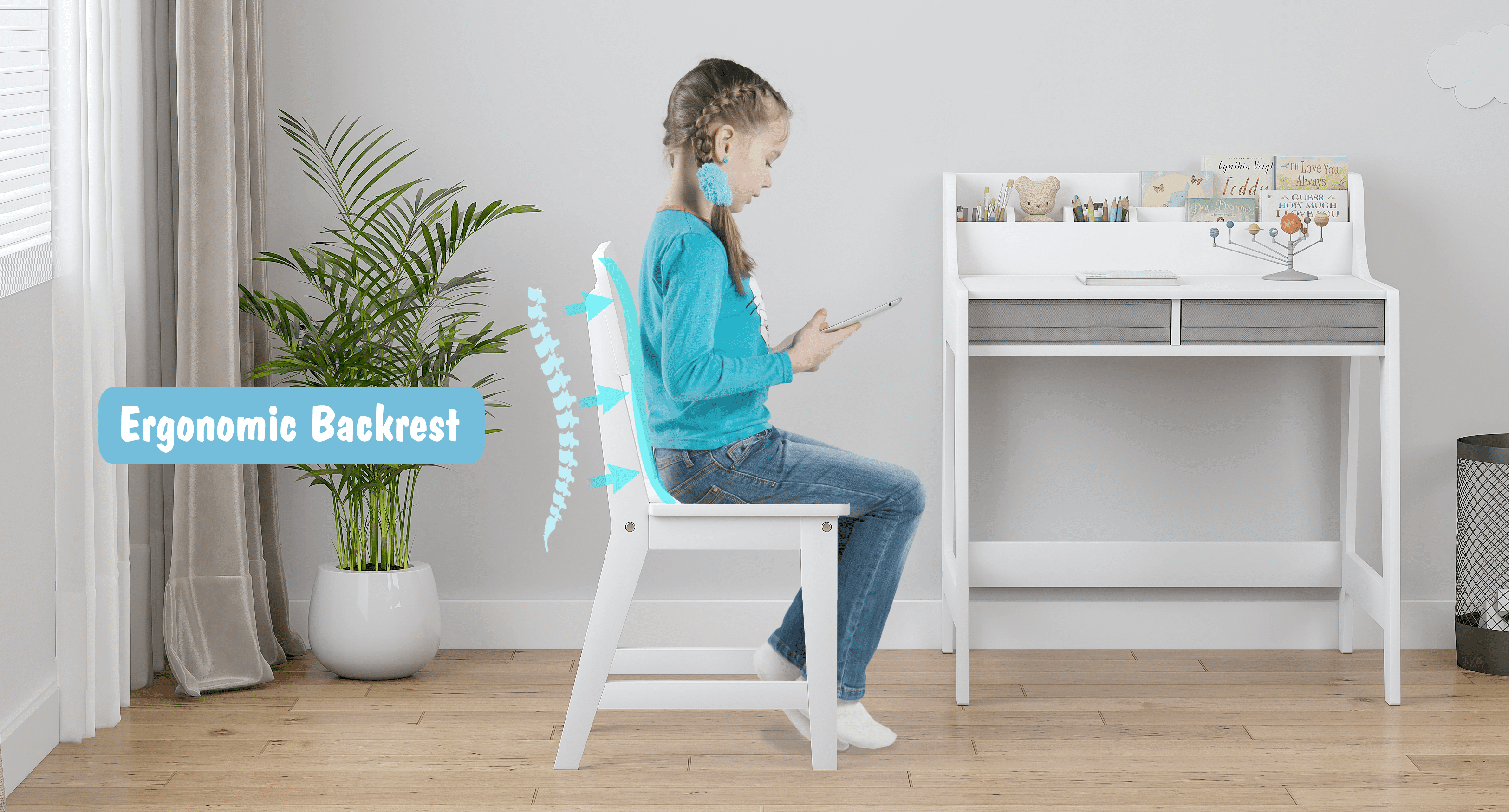 STAROUS Kids Study Desk with Storage Bin, White Activity Table and Chair Set