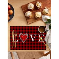 Placemats Set of 6, Valentine''s Day Black Red Plaid Heart Love Arrow Table Place Mats,Heat Insulation Table Mats Set Non Slip Washable Dining Placemats for Wedding Holiday Party Kitchen Table Decor