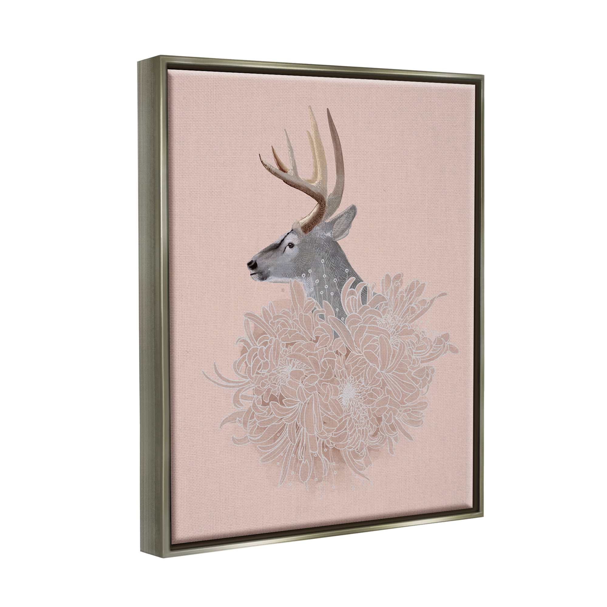 Stupell Industries Elk & Chrysanthemum Animals & Insects Painting Gray Floater Framed Canvas Art Print Wall Art, 17 x 21