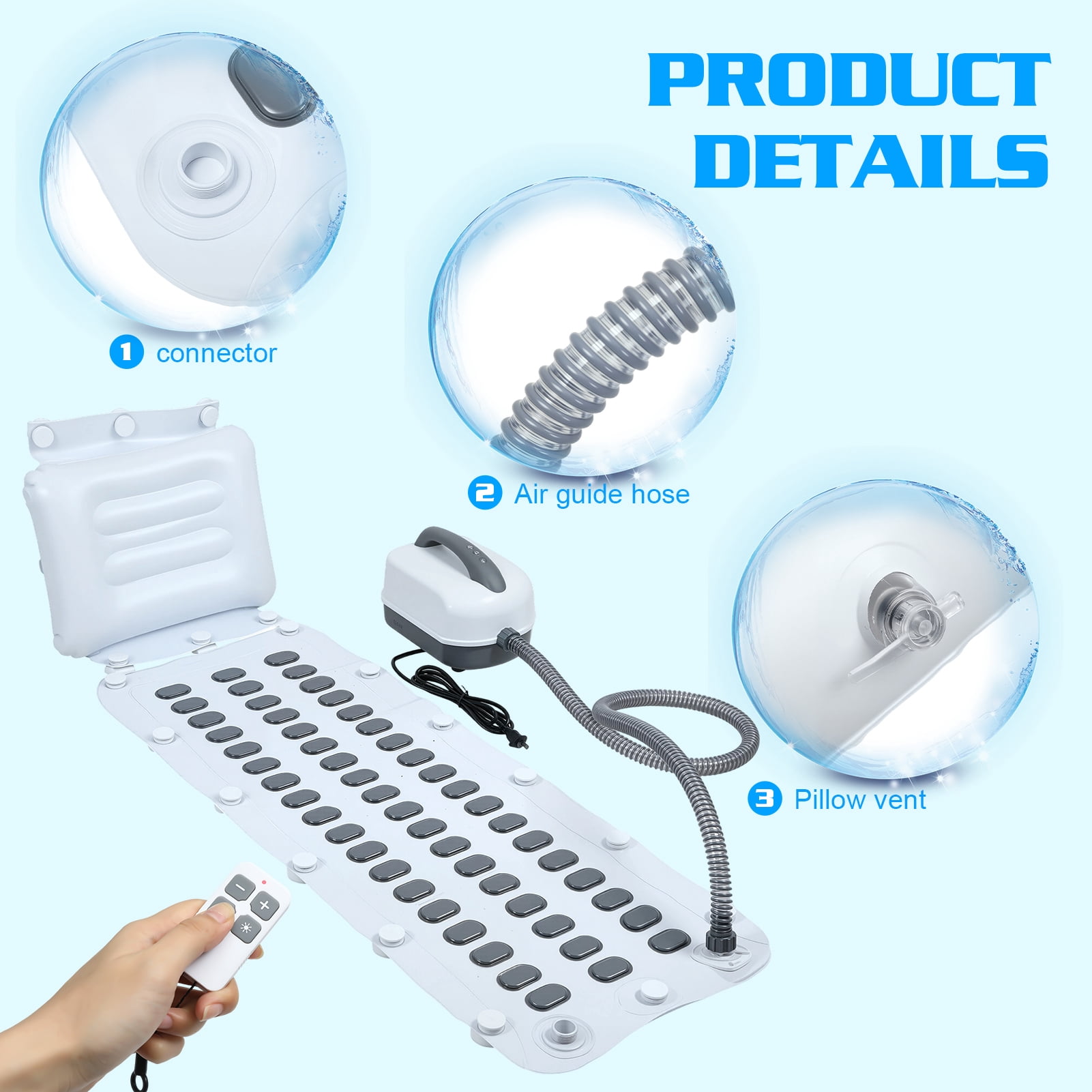 Fompes Electric Bubble Massage Bathtub Mat, Non-Slip Full-Body Waterproof Hot Tub Spa Mat for Bath with Suction Cups Bathing Electric Air Pump & Remote Control, 6-Speed Adjustable Massage, Blue