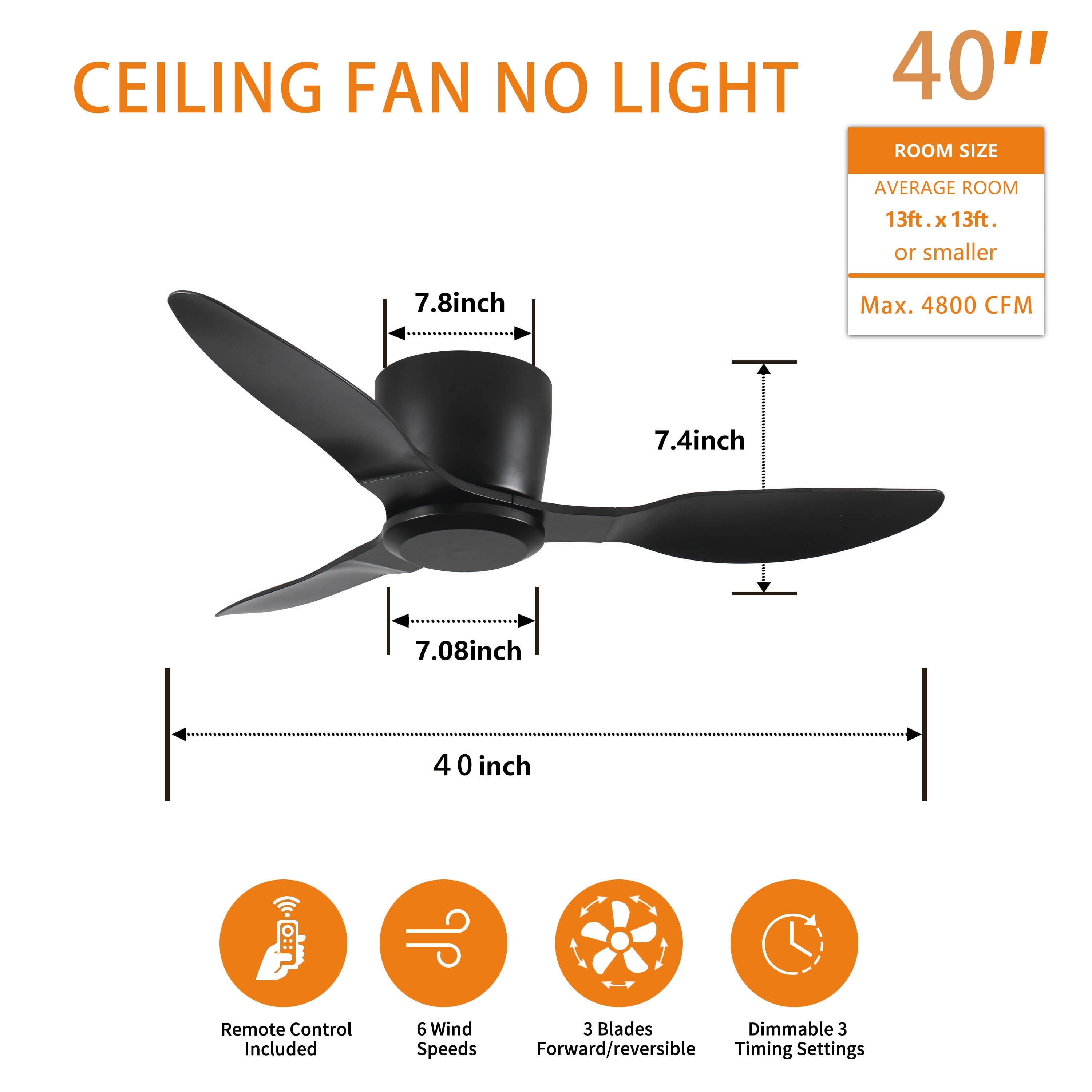 Pedestal Fan, 40" Flush Mount Ceiling Fan without light, 3 Reversible Blades, with 6 Speeds Reversible DC Motor,Low Profile Ceiling Fan with no light for Living Room Kitchen Bedroom, Black Tower Fan