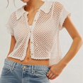 thumbnail image 2 of Women'S Crochet Cardigan Sweater Button Front Collared Short Sleeve Loose Knitted Outerwear Vest Cream White M, 2 of 5