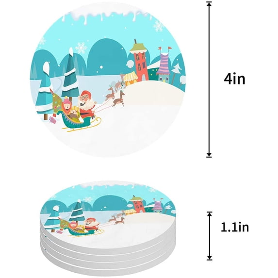 FMSHPON Merry Christmas Santa Claus Set of 4 Round Coaster for Drinks, Absorbent Ceramic Stone Coasters Cup Mat with Cork Base for Home Kitchen Room Coffee Table Bar Decor