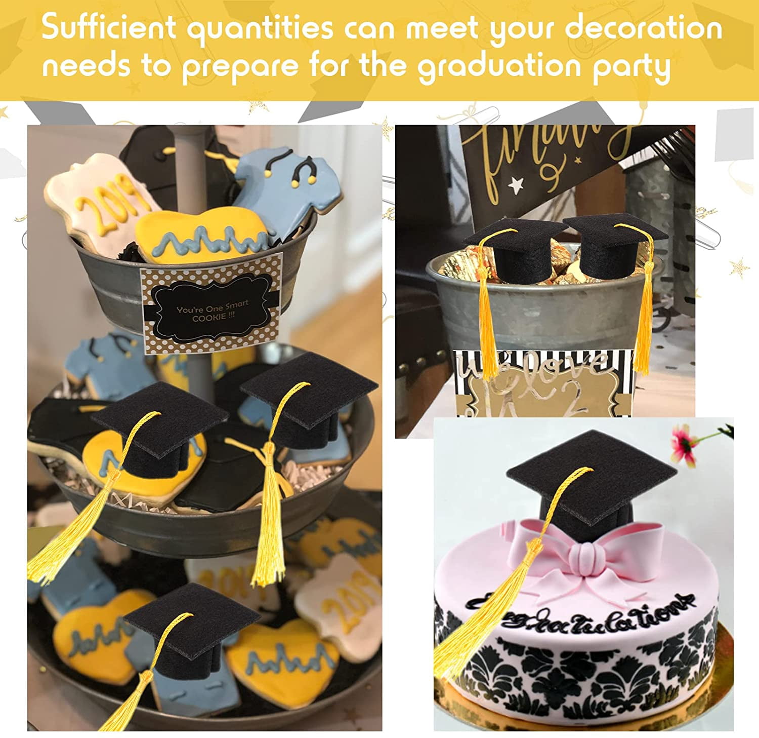 Mini Graduation Cap Bottle Toppers Mini Grad Hat Wine Bottle Topper Graduation Bottle Cap Decoration with Tassels Graduation Cap Cover for Home Graduation Party Table Decoration (24 Pieces)