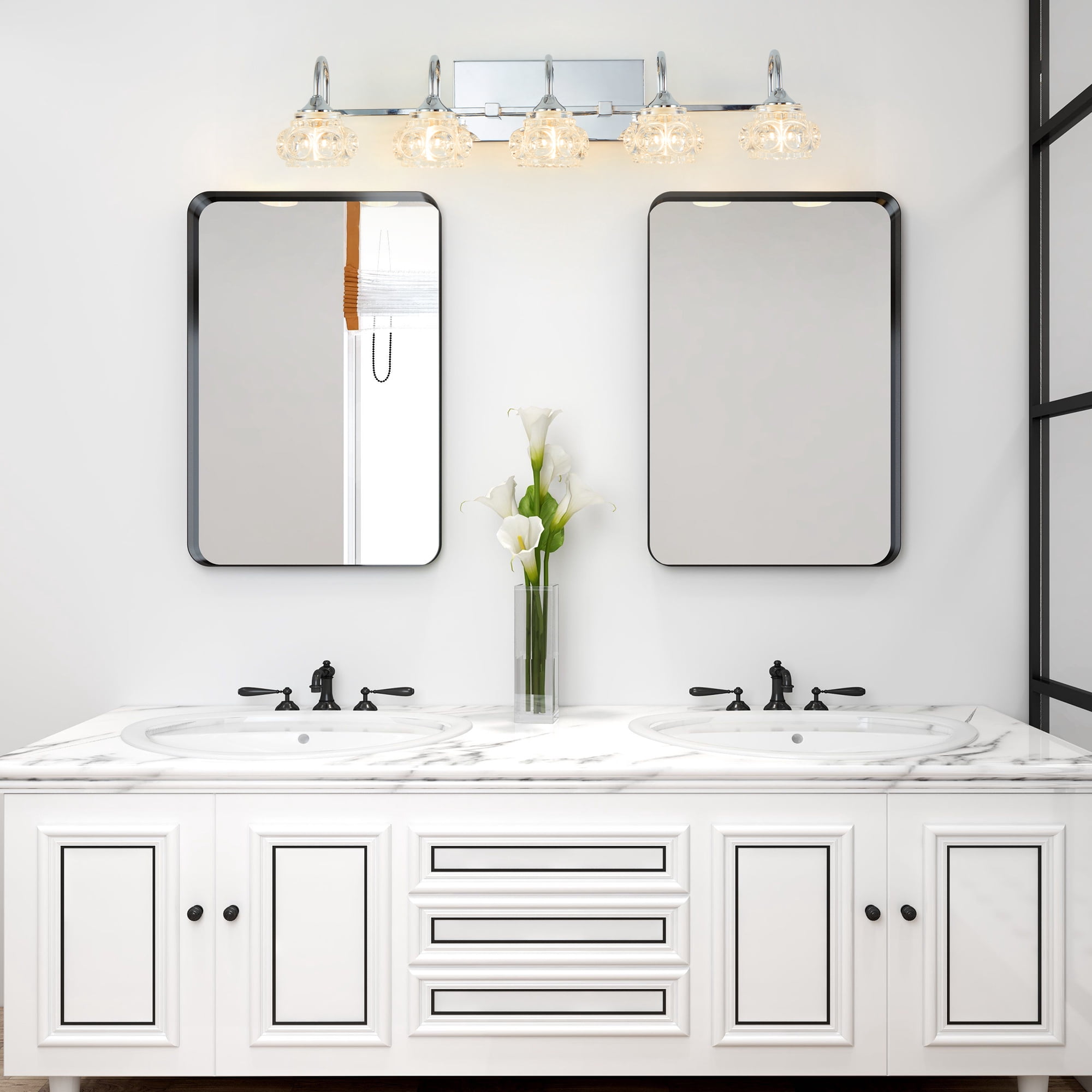 Leumius Retro 5-Light Bathroom Vanity Light Fixture - Nickel Finish with Crystal Glass Shades, Wall Mounted Lighting for Bathroom, Powder Room, and Vanity Mirror (No Bulbs)