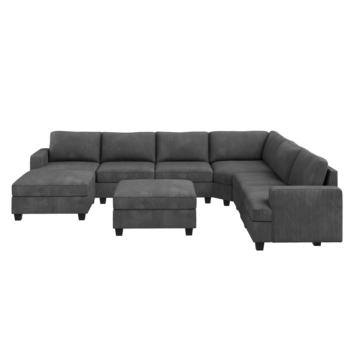HONBAY 128.1" U Shape Sectional Sleeper Sofa Bed Corduroy Oversized Couch with Storage for Living Room, Dark Gray