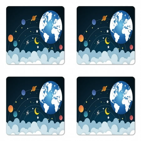 

Outer Space Coaster Set of 4 Elements of the Galaxy Planets Clouds the Moon Rotating Square Hardboard Gloss Coasters Standard Size Dark Petrol Blue White by Ambesonne