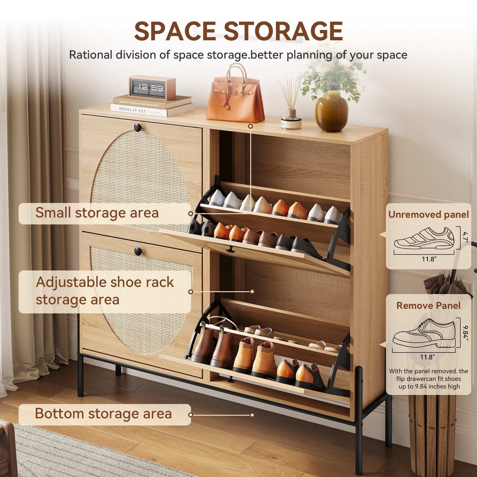 Space-Saving Rattan Shoe Cabinet with 4 Flip-Down Doors – Elegant Narrow Storage for Entryways & Hallways