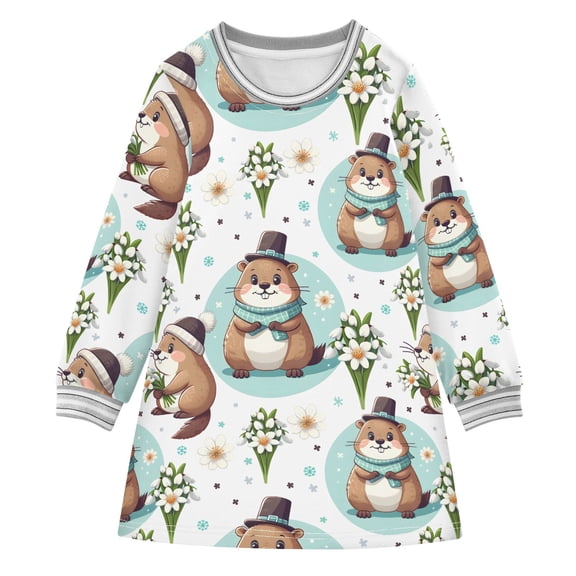 long-sleeved dress with A Cute Cartoon Groundhog A-line dress with ribbed cuffs Soft and comfortable