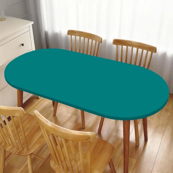 Teal Table Cloth Oval Fitted Tablecloth with Elastic Edged Solid Color Tablecloths for Dining Wedding Birthday Party Picnic Camping, Washable Cloths, Fit for 48"x68" Oval Tables