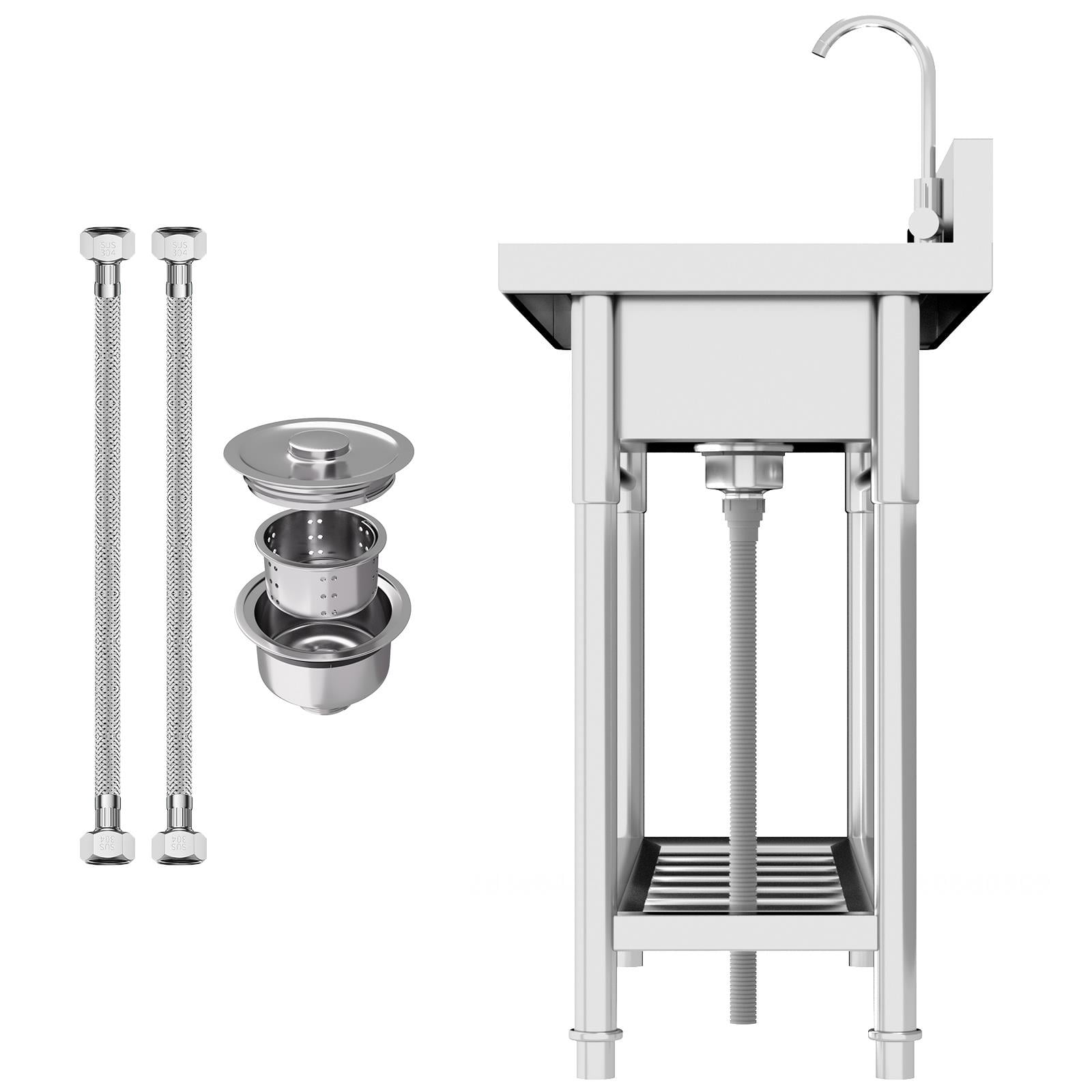 Zhuotong22" Free Standing Stainless Steel Utility Sink, Single Bowl Commercial Kitchen Sink with Faucet & Storage Shelf, Heavy-Duty Sink for Home, Restaurant, Indoor Outdoor Use