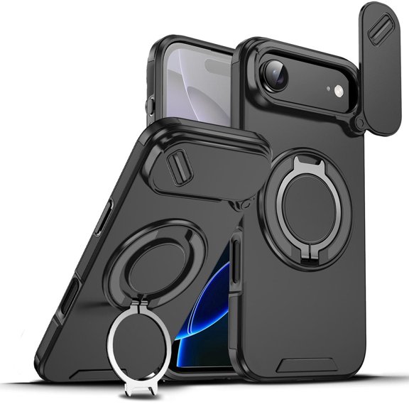 TJS for iPhone 17 Air Phone Case, Privacy Camera Dual Layer Magnetic Ring Rotating Stand Protective Cover (Black)