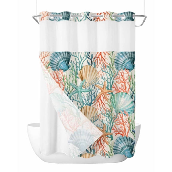 No Hook Shower Curtain with Snap-in Liner, Coastal Beach Waterproof Fabric Bathroom Curtains, Nautical Summer Coral Starfish Shell Bath Curtains & Mesh Top Window 72"x84" Long