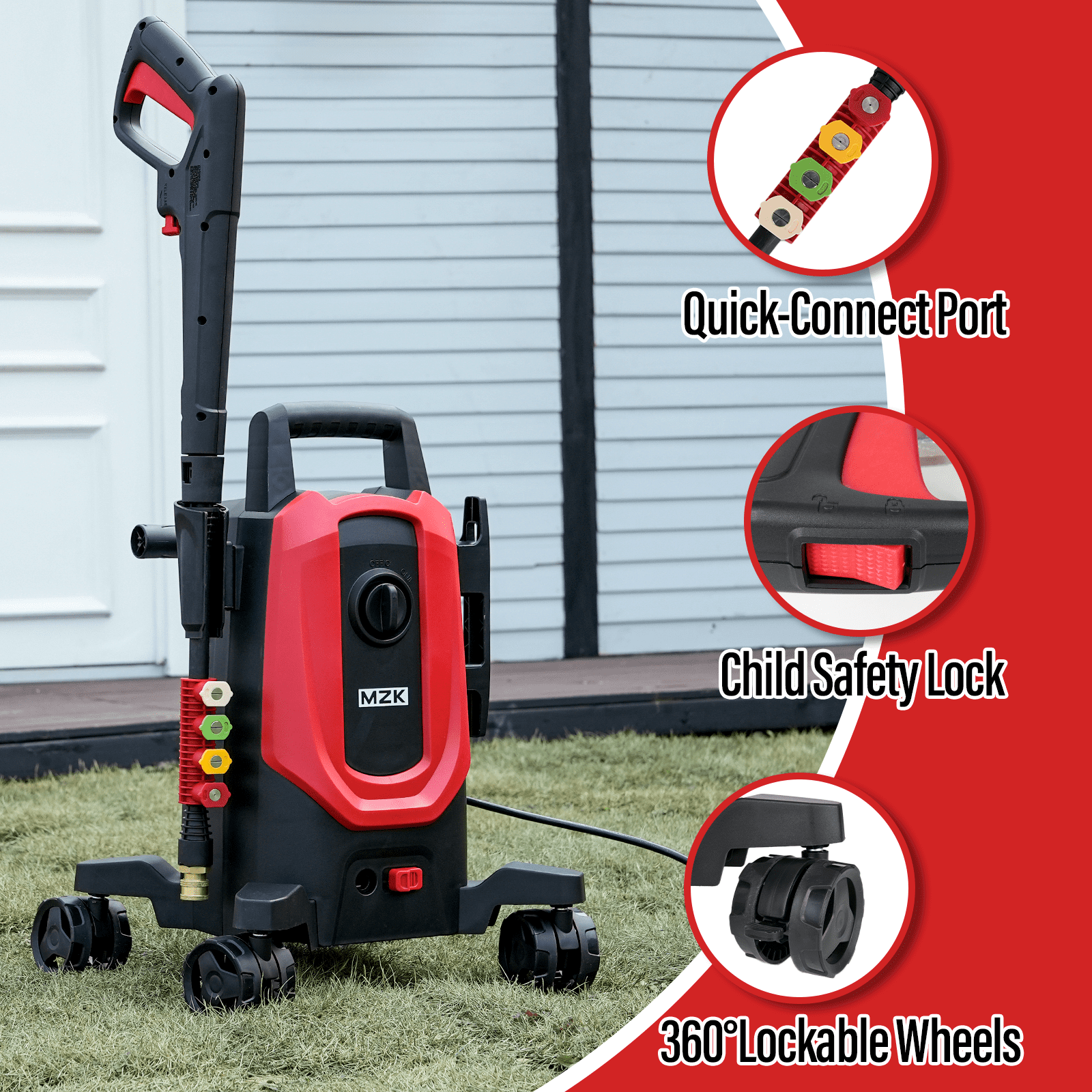 MZK Electric Pressure Washer, 3.0GPM Power Washer with 360° Lockable Wheels and 4 Quick-Connect Nozzles, Foam Cannon for Easy Replacement, High-Pressure Cleaning of Cars, Fences, Driveways, Patios