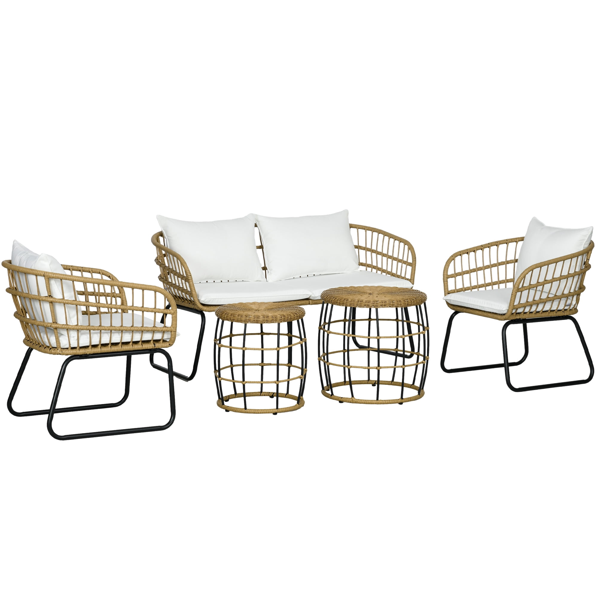 Outsunny 5 Piece PE Rattan Outdoor Furniture Set w/ Stacking Tables, White