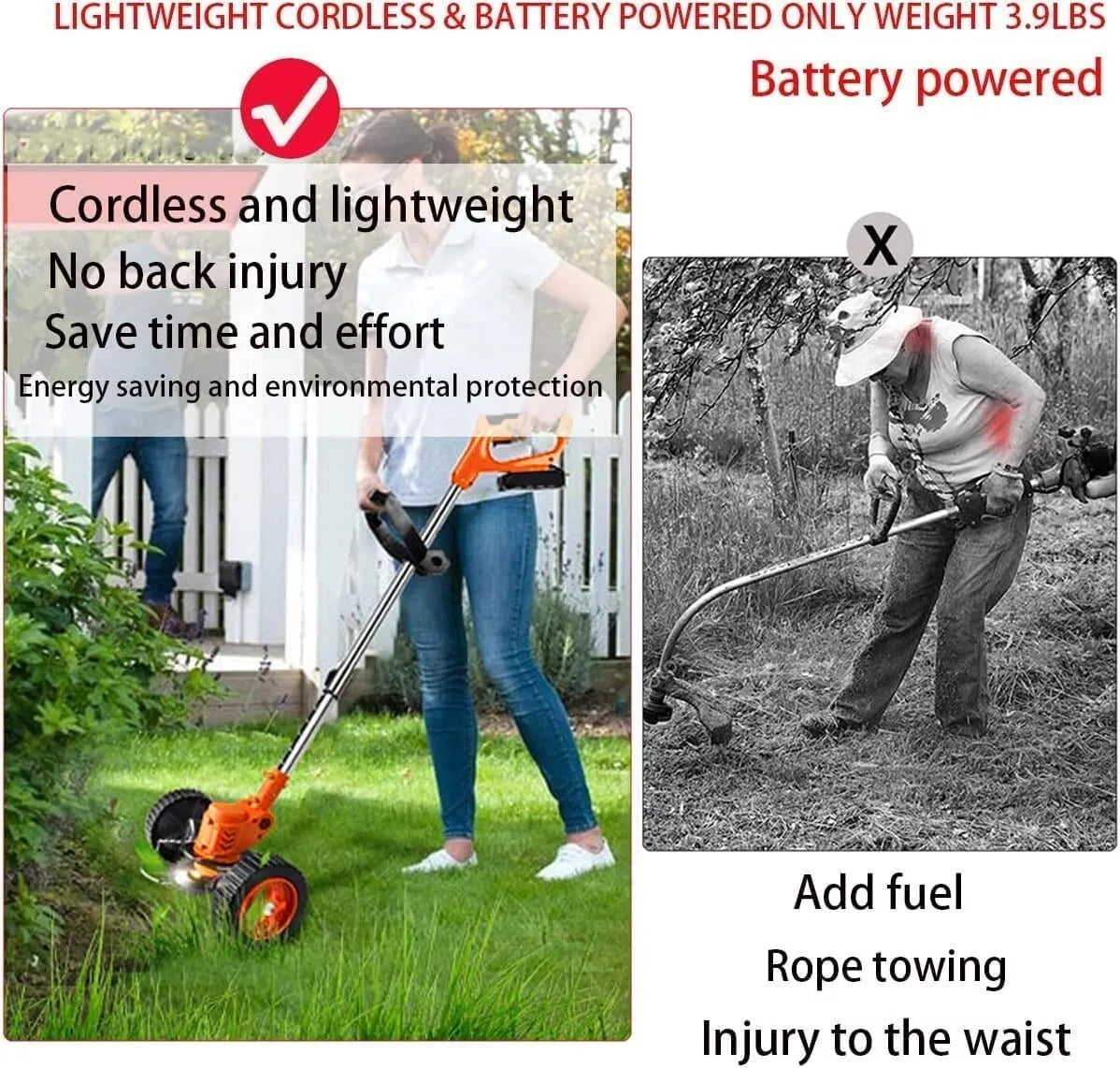 Cordless Weed Eater Electric Brush Cutter Lawn Edger Grass String Trimmer with 2x 5.0Ah Batteries, 3 Blade Types, Adjustable Height for Lawns, Gardens, Shrub Trimming, Suitable for All Ages