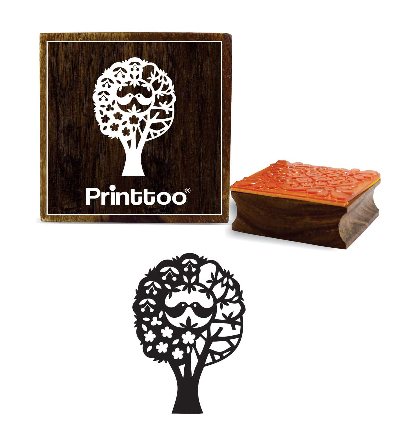 Printtoo Wooden Square Rubber Stamp Tree With Bird Pattern Craft