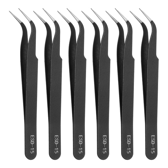 Uxcell 6pcs 4.33" Long ESD-15 Anti-static Bent Pointed Tip Tweezers Stainless Steel Non-magnetic Precision Tweezers for Various Electronics Precise Repair
