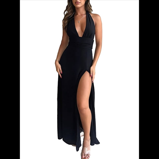 Vestido con Cuello en V Profundo y Cuello Halter para Mujer, Sin Mangas, Espalda Descubierta y Abertura. Negro M