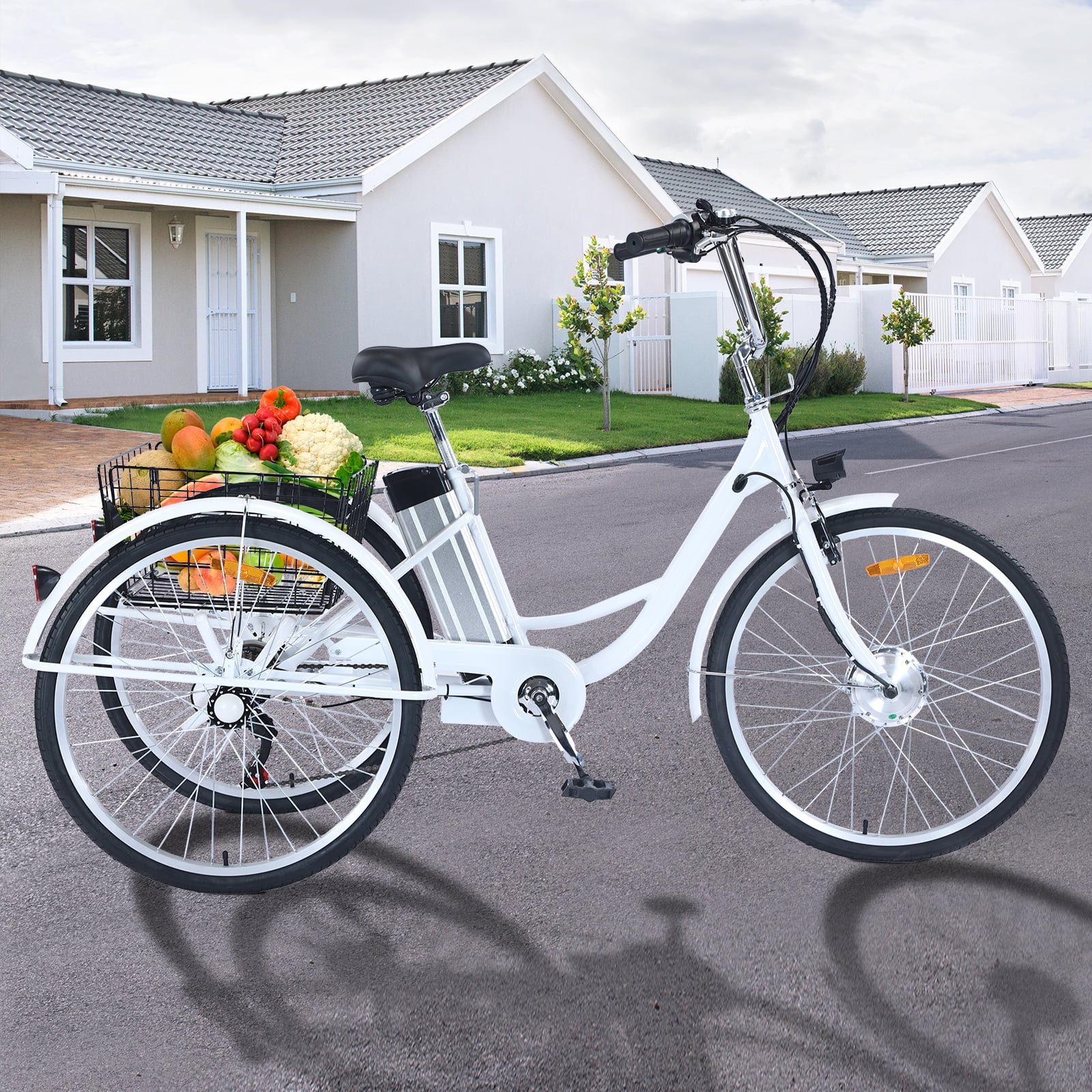 Patikuin 250W 26" Adult Electric Tricycle Fat Tire Motorized Bicycle, 7 Speed Tricycle for Adults, 36V 10Ah Battery White