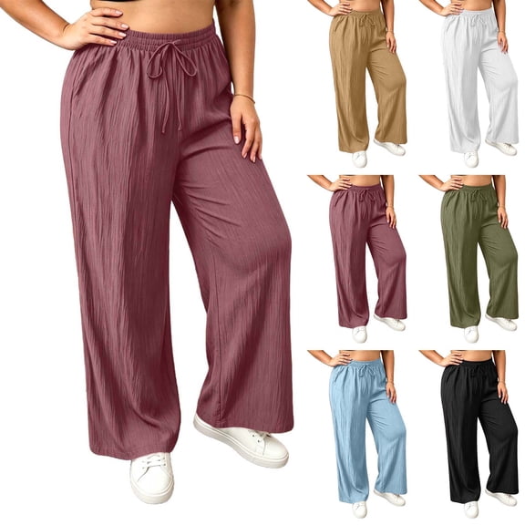 LIaqionyy Women's Plus Size Palazzo Pants Casual Wide Leg Drawstring Elastic Waist Lightweight Flowy Trousers with Pockets