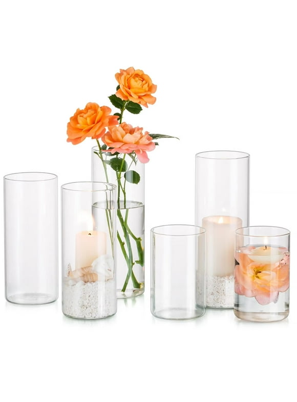 Glasseam Glass Cylinder Vase in Bulk for Wedding Centerpieces 2.4" Dia x（4"+6"+8")Tall Clear Hurricane Floating Candle Vases Set of 6