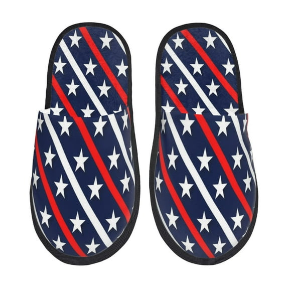 Qokaie Patriotic Star Print Fuzzy Slippers for Women – Soft Plush Indoor Slippers with EVA Sole, Cozy and Comfortable for Home and Travel-Medium