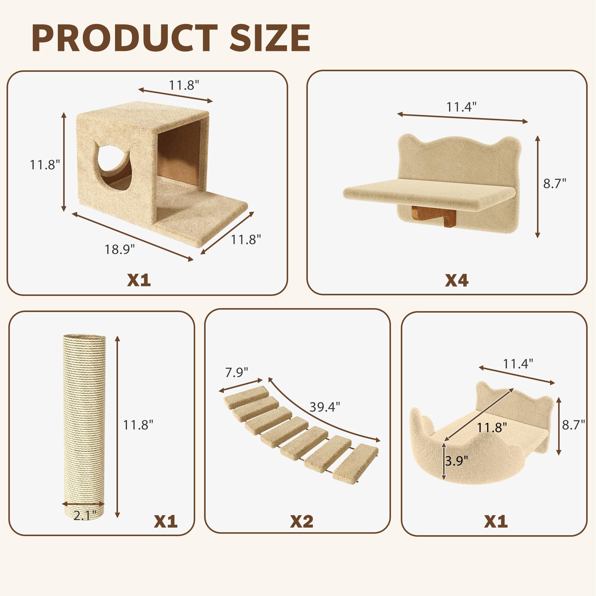9-in-1 Cat Wall Shelves  Stable & Safe Mounted Cats Shelf Furniture Set With Plush Fabric Wooden Climbing Systems Bridge Ladder Floor Space-saving Beige