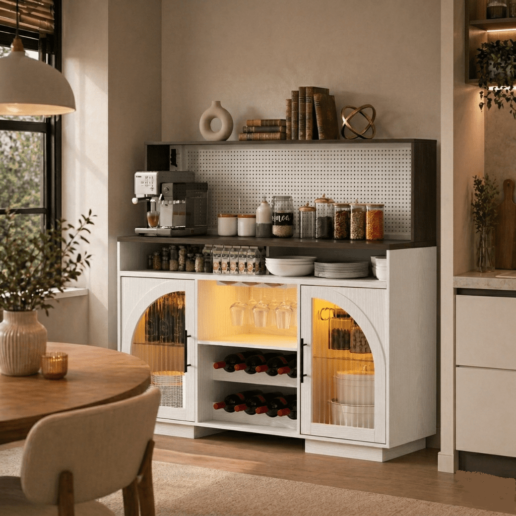 54" Coffee Bar Cabinet with LED Light,Wine Bar Cabinet,Kitchen Hutch Cabinet for Dining Room,White