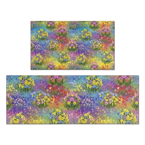 Pioneer Flower Floral Print Pattern Kitchen Rugs Sets Of 2, Anti Fatigue Non Slip Washable Floor Mats for Kitchen Sink Laundry, 17X30 Inch   17X47 Inch