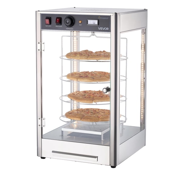 VEVOR Commercial Food Warmer Display, 4-Tier Pizza Warmer with Rotary Steam Heating for 14 in Pizza, 86℉~185℉ Temperature Control and Temp Display, 25W Oven Light   Top LED for Pizza Shop, Restaurant