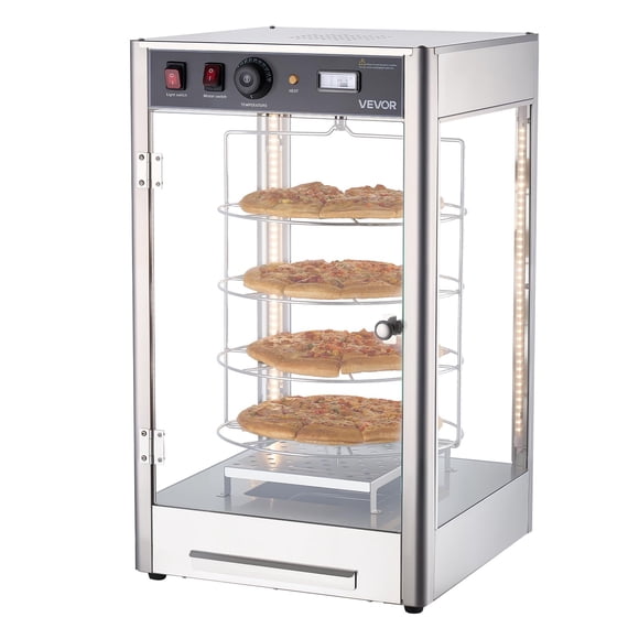 VEVOR Commercial Food Warmer Display, 4-Tier Pizza Warmer with Rotary Steam Heating for 14 in Pizza, 86℉~185℉ Temperature Control and Temp Display, 25W Oven Light