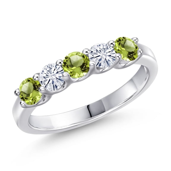 Gem Stone King 925 Sterling Silver Green Peridot and White Moissanite Wedding-Bands Ring for Women | 0.94 Cttw | Round 3.5MM | Gemstone August Birthstone | Size 6