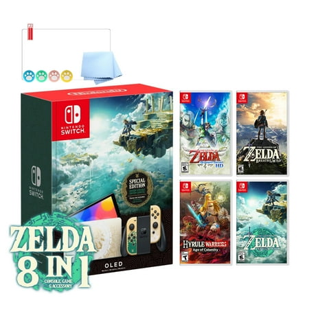 2023 Nintendo Switch OLED Zelda Tears of the Kingdom Limited Edition 8 in 1 Collection  Green & Gold Joy-Con 64GB Console  Hylian Themed Dock  Zelda 4 Games  3 Mytrix Accessories - JP Version