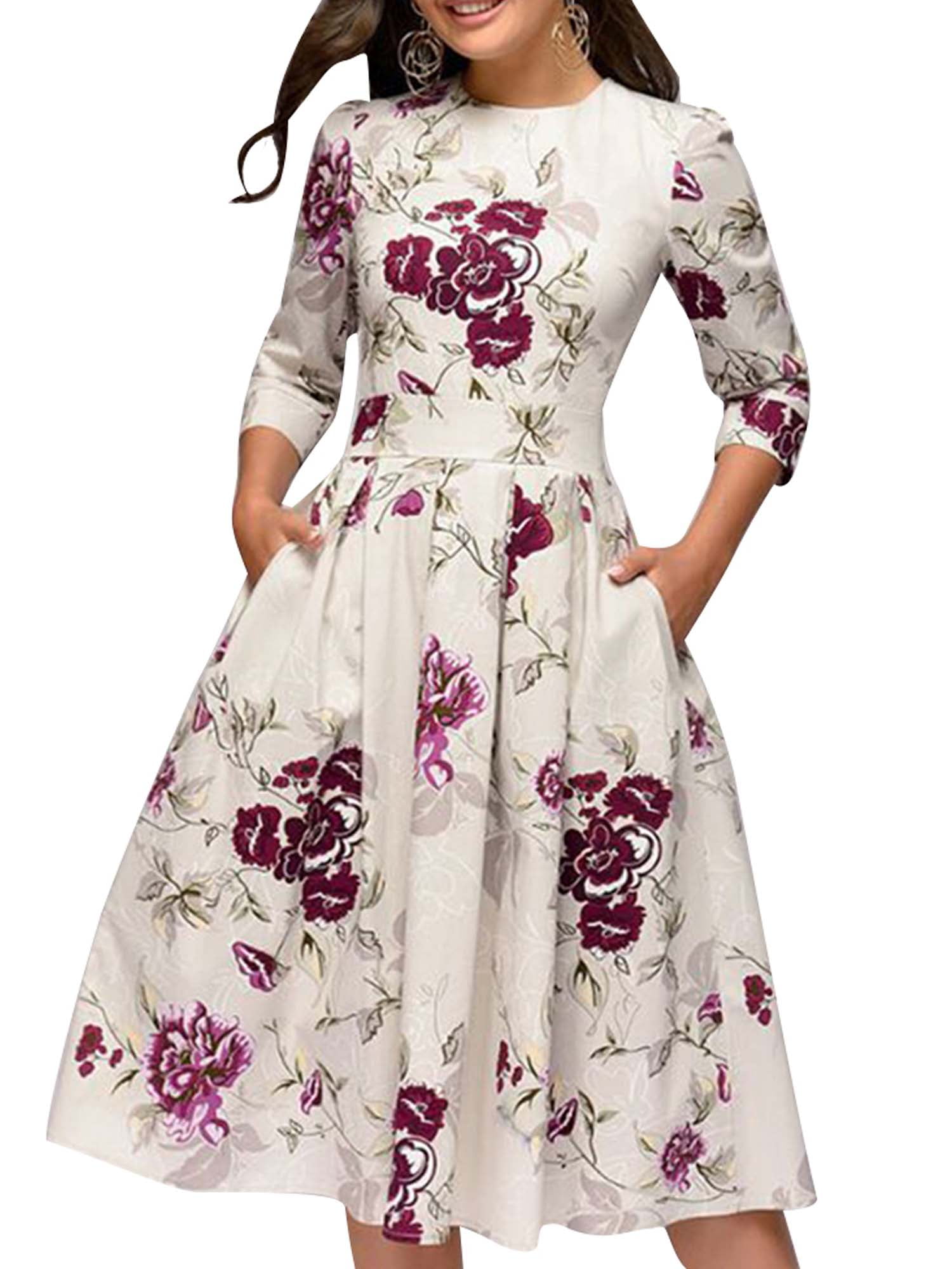 Imcute Women S Floral Round Neck 3 4 Sleeves X Line Dress With Pockets One Piece Vintage High Waist Midi Dress Walmart Com