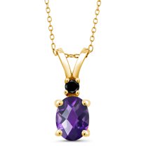 Gem Stone King 1.27 Ct Oval Checkerboard Purple Amethyst Black Diamond 18K Yellow Gold Plated Silver Pendant with Chain