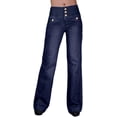 thumbnail image 1 of Pantalones vaqueros de tiro medio ajustados con costuras y botones para mujer, azul marino, pequeño, 1 of 5