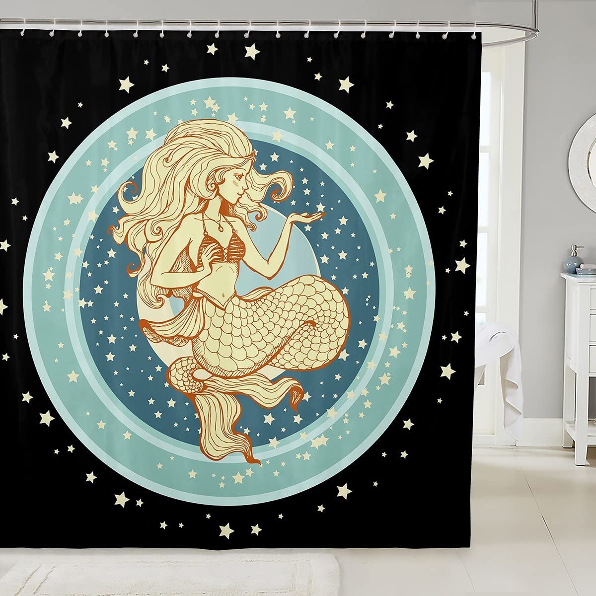 Pretty Mermaid Shower Curtain Panel,Golden Fish Scales Print Waterproof