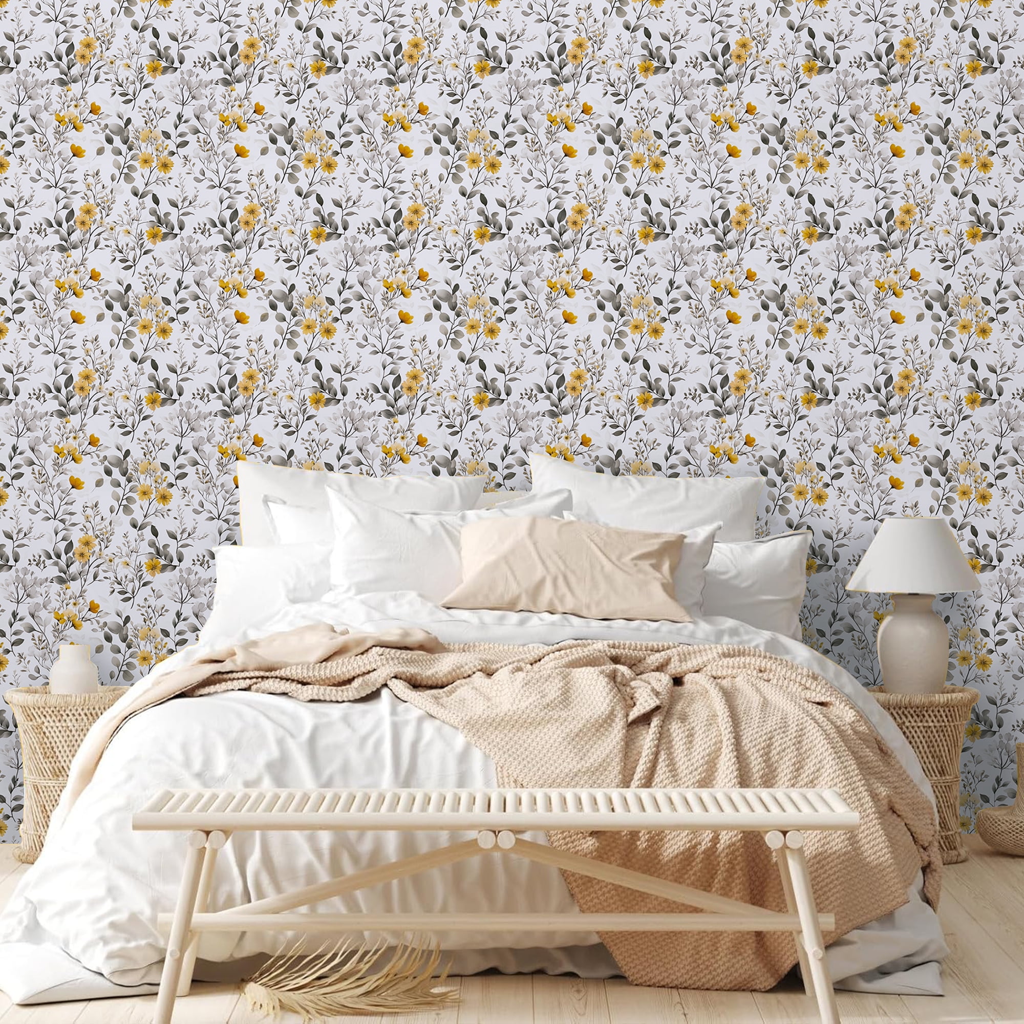 Abyssaly Floral Peel and Stick Wallpaper 17.3 "x 393" Yellow Flower and Ink-Wash Leaves Wallpaper Vintage Vinyl Contact Paper Suitable for Home Walls Cabinet Bedroom