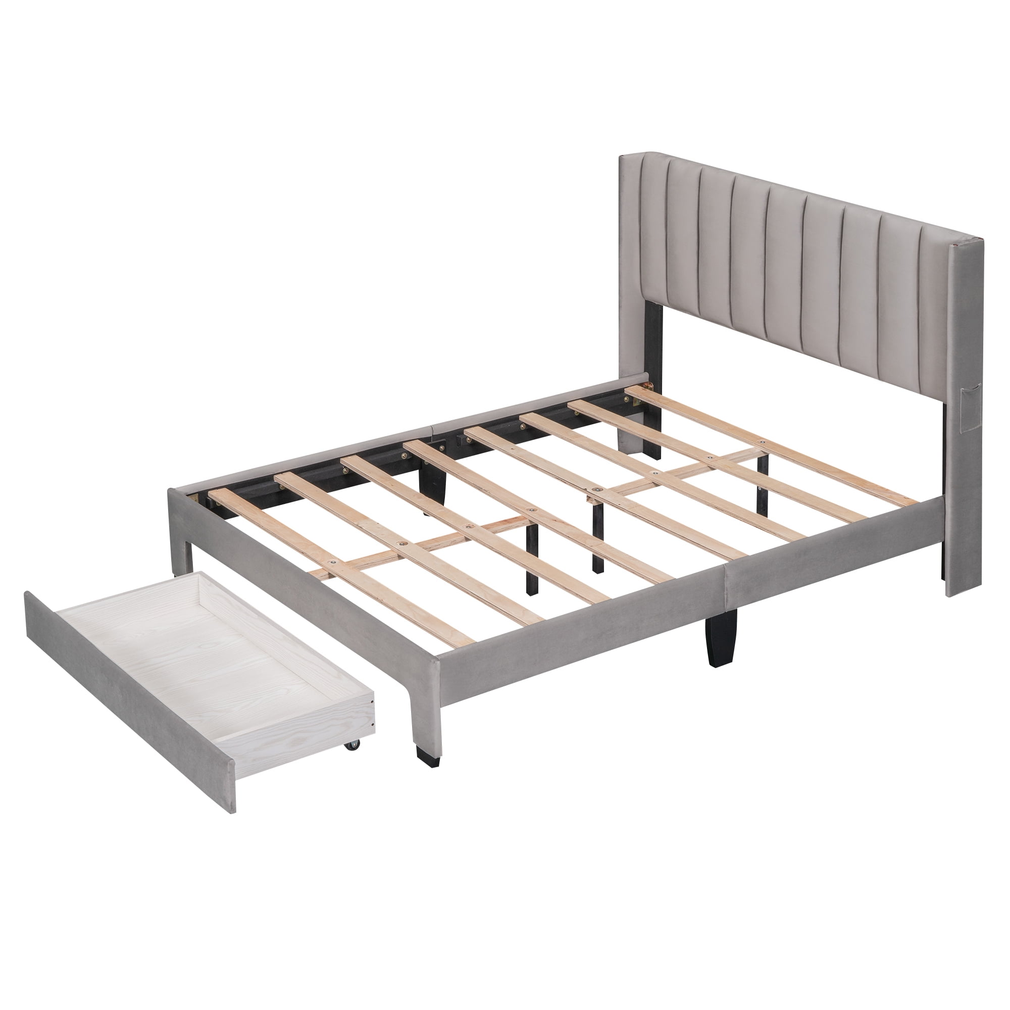 Leumius Full Size Platform Bed with A Storage Drawer,Velvet Upholstered Bed Frame with Wingback Vertical Channel Tufted Headboard,Gray