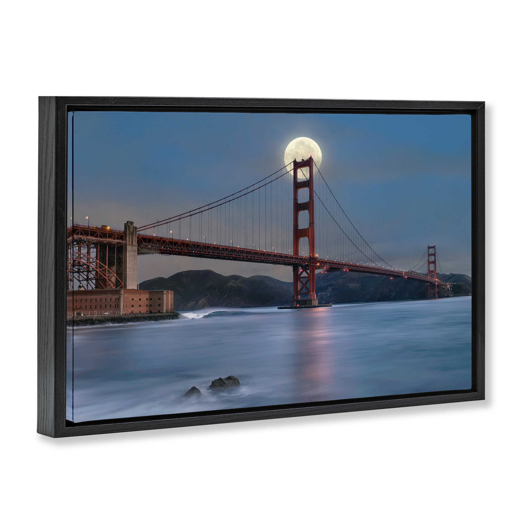 Stupell Industries Moonlit Bridge Landmark Scenic & Cityscapes Painting Black Floater Framed Canvas Art Print Wall Art, 25 x 17
