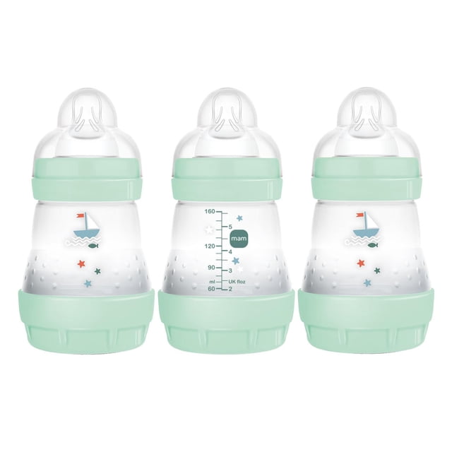 Biberones MAM Azules Anti Cólico para Bebés Amamantados, 5 Onzas, Paquete de 3