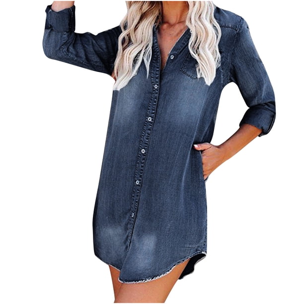 Vestido corto de mezclilla con cuello redondo y manga larga ajustado a la moda de verano para mujer Fridja yut633