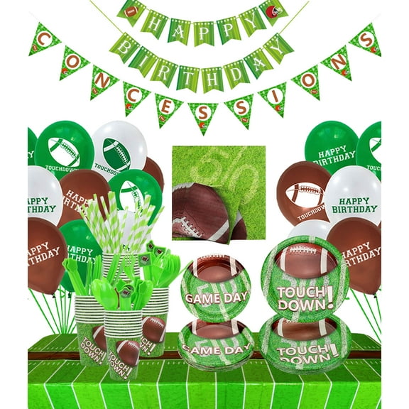 Football Theme Party Supplies - Including Dinner Plates, Dessert Plates, Cups, Napkins, Tablecloth, Tableware, Straws, Banner for Game Day and Football Birthday Decorations, Serves 20 (Set A)
